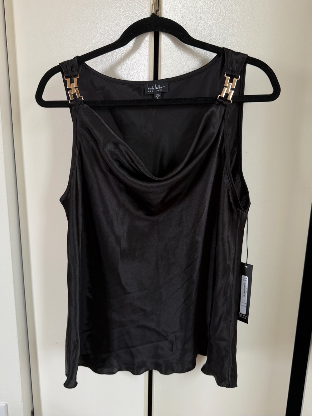 Nicole Miller Black Satin Cowl Neck Tank with Gold Hardware
